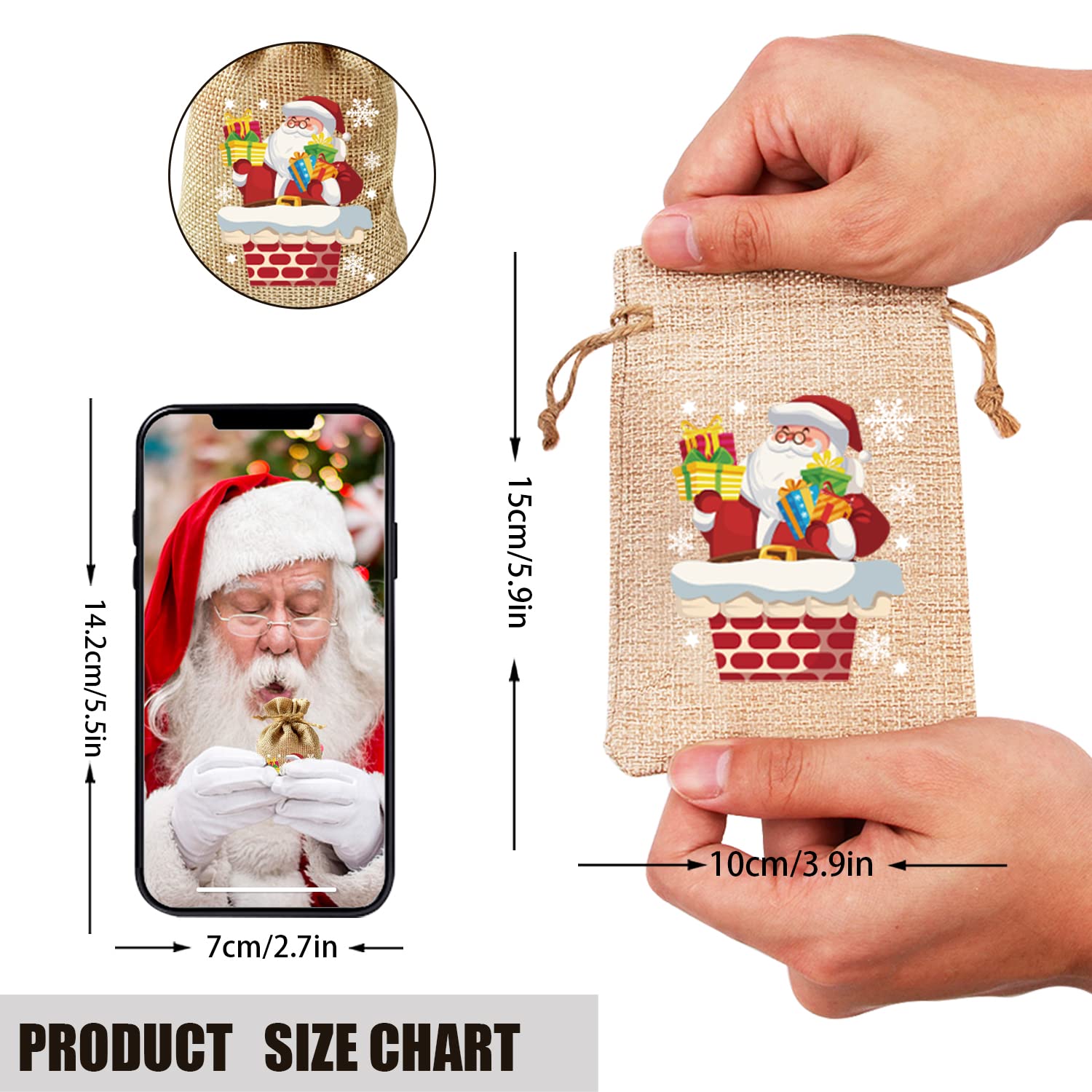 LOMIMOS 36PCS Christmas Burlap Drawstring Bags，Xmas Reusable Linen Jute Gift Goody Candy Wrapping Treat Bags for Snacks Holiday Party Favor Supply(4x6in)