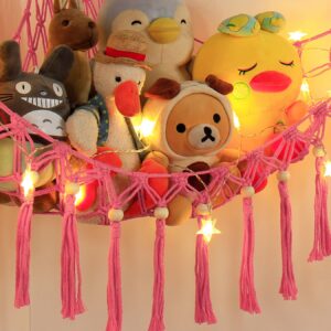 Stuffed Animal Storage Hammock Corner with LED Light - Toy Hanging Organizer Plushie Net - Pink Room Decor for Teen Girls - Cute Bedroom Aesthetic Nursery Kids Baby Toddler