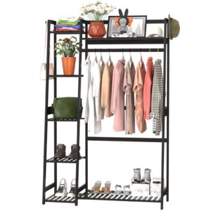 wtz clothes rack for hanging clothes, bamboo garment rack heavy duty clothing rack with shelves for living room, bedroom, entryway, bathroom (cr-538 white)