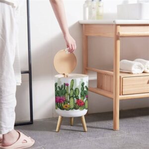 KCDCYCZEAL Botanical Trash Can with Lid Tropical Succulent Green Succulents Cactus Plants Flowers White Round Recycle Bin Press Top Dog Proof Wastebasket for Bedroom Nursery Kids Room 7L/1.8 Gallon