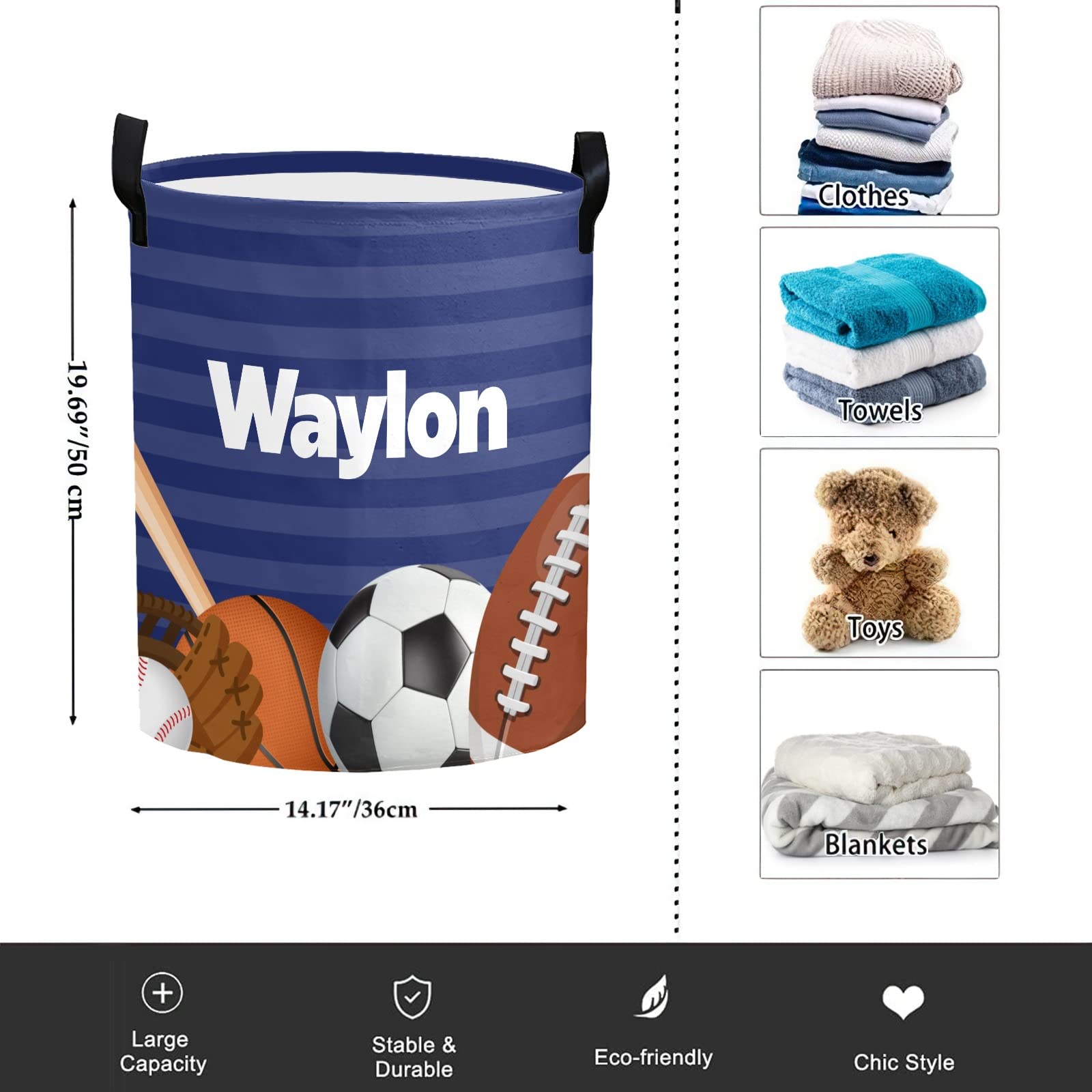 Personalized Laundry Basket Hamper,Ball Sport 11,Collapsible Storage Baskets with Handles for Kids Room,Clothes, Nursery Decor