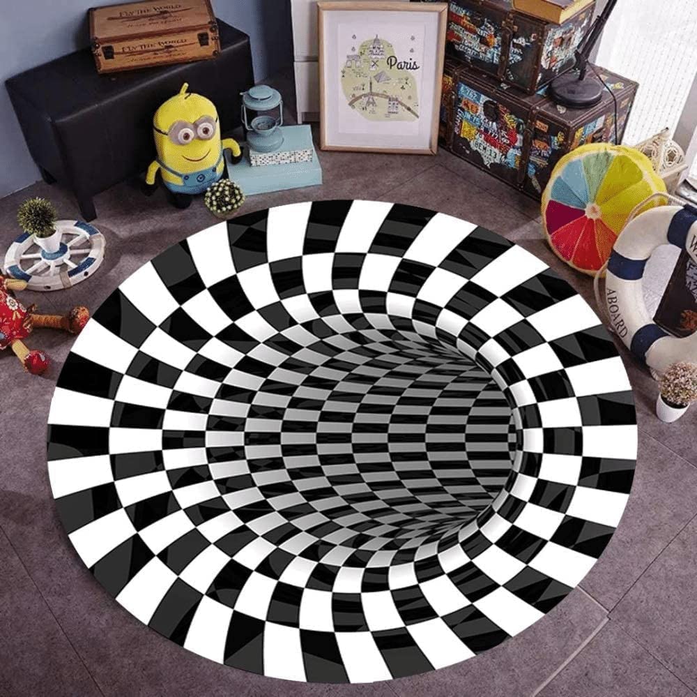 Wemune 3D Carpet Bottomless Hole Optical Illusion Area Rug, Black and White Plaid Rug, Checkered Optical Illusions Rug, for Dining Room Carpet Home Bedroom Floor Mat,2,47 * 47 inch