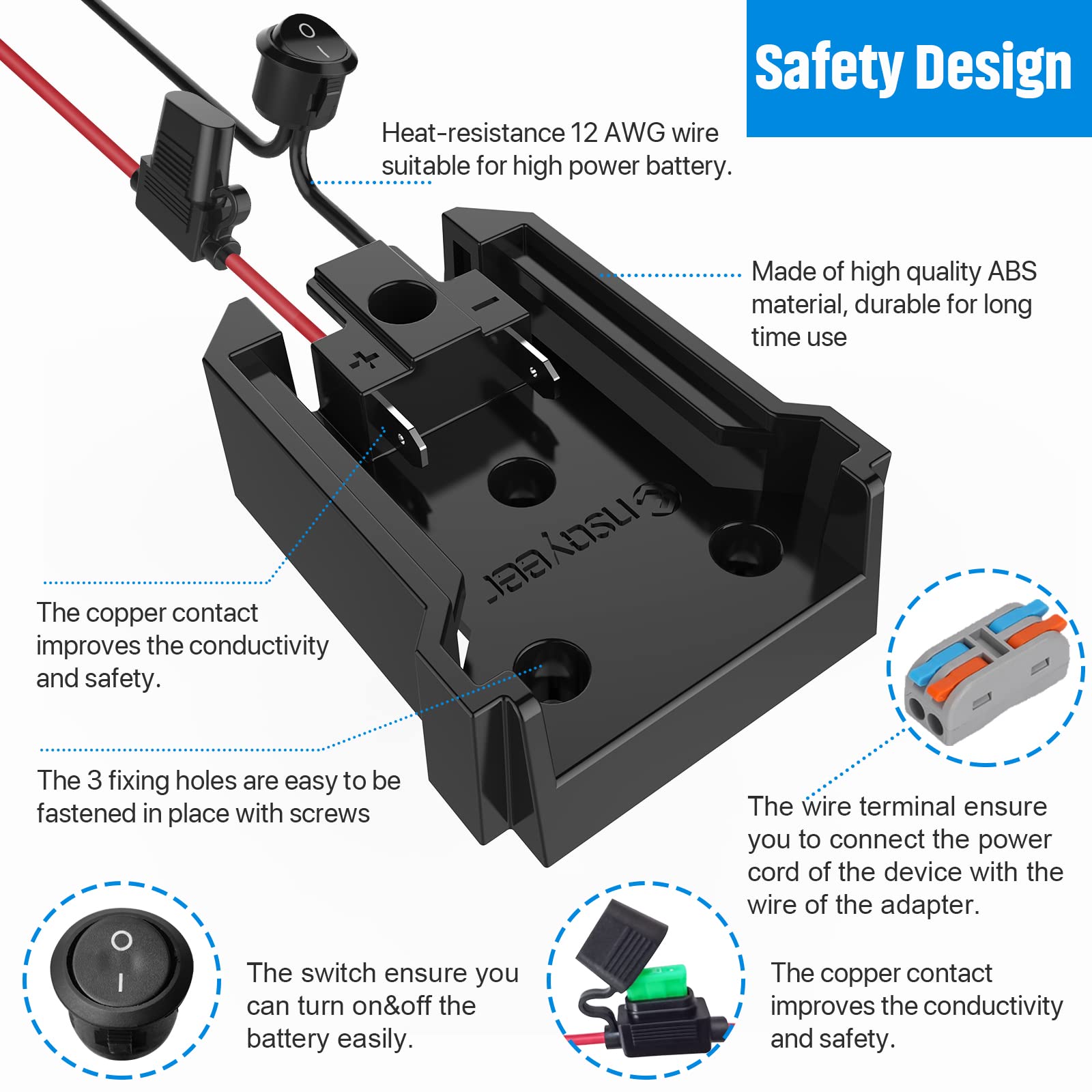 Power Wheel Adapter with Fuse&Switch for Milwaukee 18V Battery, Non-Blown Tight Battery Adapter with 4Pcs 30A Fuse and Wire Terminal, 12 AWG Wire, DIY Use for Truck, Robotics,RC Toys and Work Lights