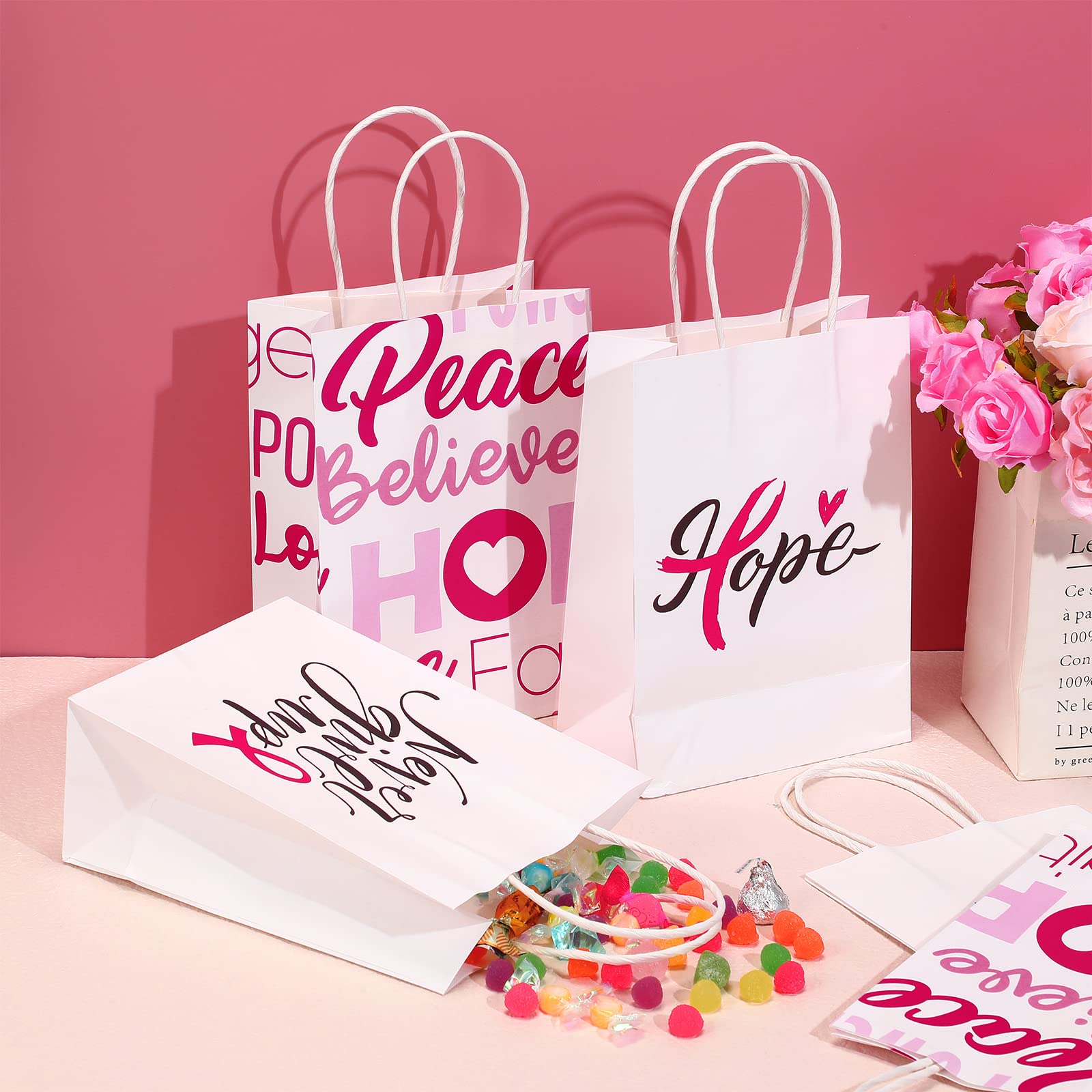 24 Pack Breast Cancer Awareness Bags Pink Ribbon Paper Bag Breast Cancer Gift Bag with Handle Faith Courage Hope Treat Bags for Breast Cancer Awareness Charity Theme Party Favor Supplies