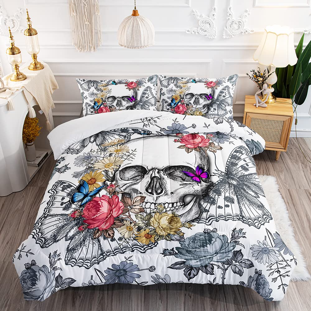 DYcolor 3D Gothic Flower Butterfly Skull Quilt, 3-Piece Flying Skeleton Butterfly Skull Comforter Set with 1 Comforter and 2 Pillow Cases for Kids, Teens, Adults (White, Queen)