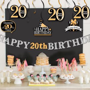 AERZETIX Happy 20th Birthday Decorations Set,12Pcs 20th Birthday Gold Glitter Swirls Streamers,Happy 20th Birthday Bunting Banner,Cheers to Twenty Years Old Bday Party Decorations.[Pre-Strung]