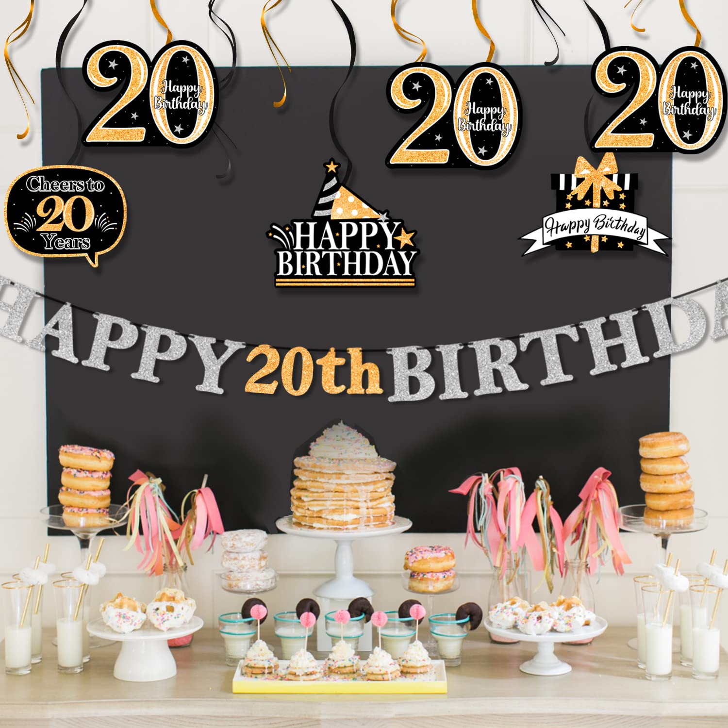 AERZETIX Happy 20th Birthday Decorations Set,12Pcs 20th Birthday Gold Glitter Swirls Streamers,Happy 20th Birthday Bunting Banner,Cheers to Twenty Years Old Bday Party Decorations.[Pre-Strung]