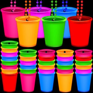 24 pieces shot glass necklaces light up necklace shot glasses glow in the dark neon plastic shot necklace cups on beaded for halloween christmas wedding glowing party favor, 6 colors