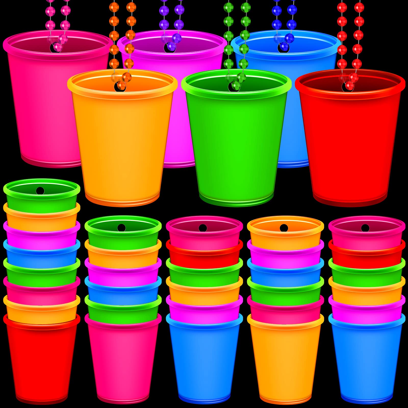 24 Pieces Shot Glass Necklaces Light Up Necklace Shot Glasses Glow in the Dark Neon Plastic Shot Necklace Cups on Beaded for Halloween Christmas Wedding Glowing Party Favor, 6 Colors