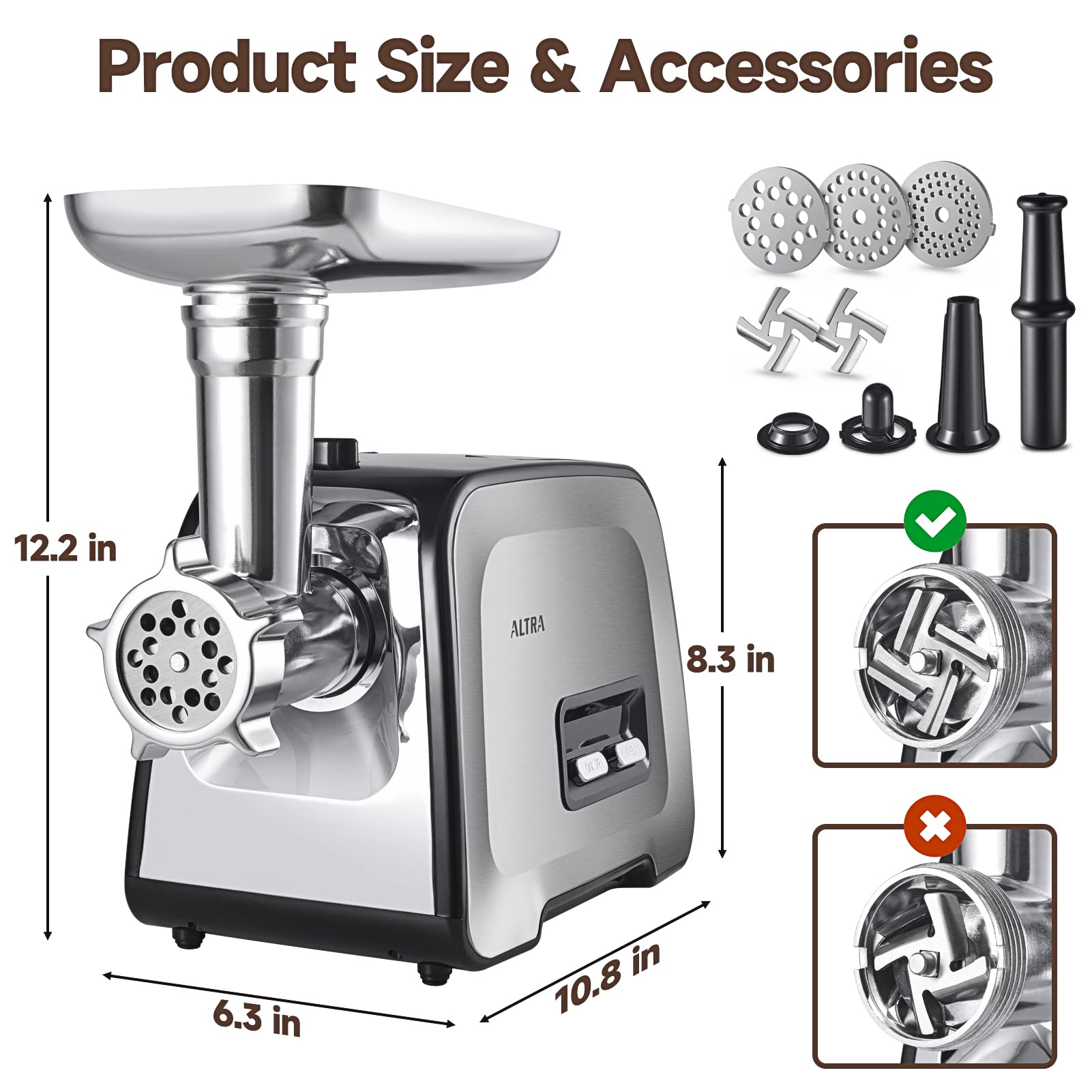 ALTRA LIFE Meat Grinder, Sausage Stuffer, [2800W Max] Electric Meat Mincer with Stainless Steel Blades & 3 Grinding Plates,Sausage Maker & Kubbe Kit for Home Kitchen & Commercial Using (MG090-S)