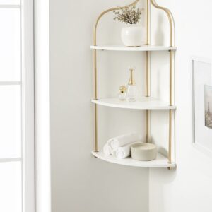 Kate and Laurel Walters Glam Wall Mounted Corner Shelf, 17 x 12 x 35, White and Gold, Decorative Three Tier Corner Wall Shelf for Storage and Display