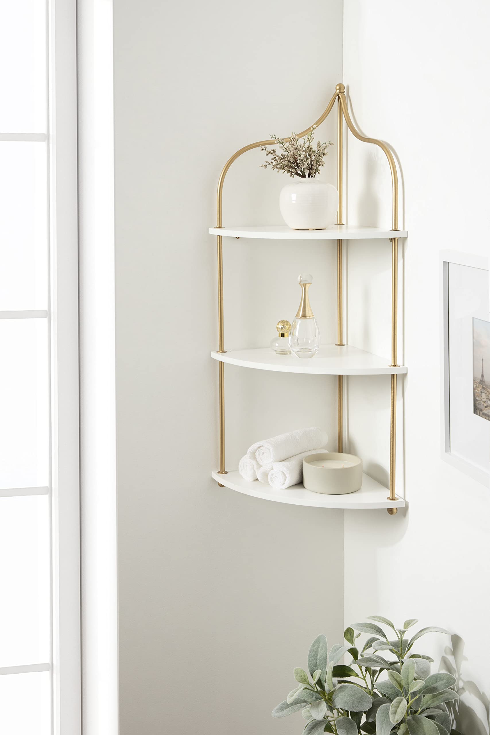 Kate and Laurel Walters Glam Wall Mounted Corner Shelf, 17 x 12 x 35, White and Gold, Decorative Three Tier Corner Wall Shelf for Storage and Display