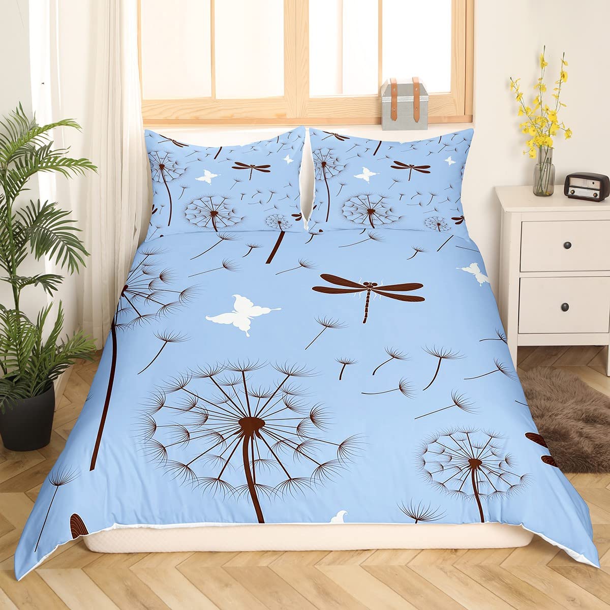 Erosebridal Dragonfly Gifts for Women,Dandelion Duvet Cover Butterfly Dragonflies Bedding Set for Lady Girls Flowers Comforter Cover Botanical Weed Bed Set Rustic Aesthetic Animal Room Decor Twin