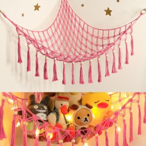 Stuffed Animal Storage Hammock Corner with LED Light - Toy Hanging Organizer Plushie Net - Pink Room Decor for Teen Girls - Cute Bedroom Aesthetic Nursery Kids Baby Toddler