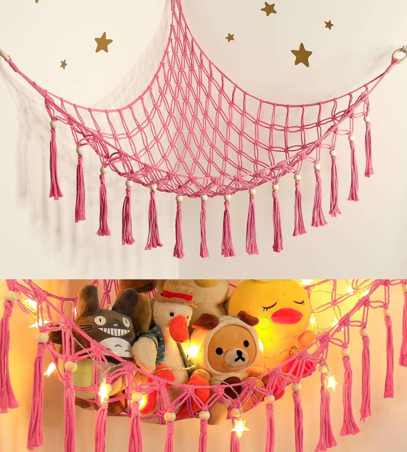 Stuffed Animal Storage Hammock Corner with LED Light - Toy Hanging Organizer Plushie Net - Pink Room Decor for Teen Girls - Cute Bedroom Aesthetic Nursery Kids Baby Toddler