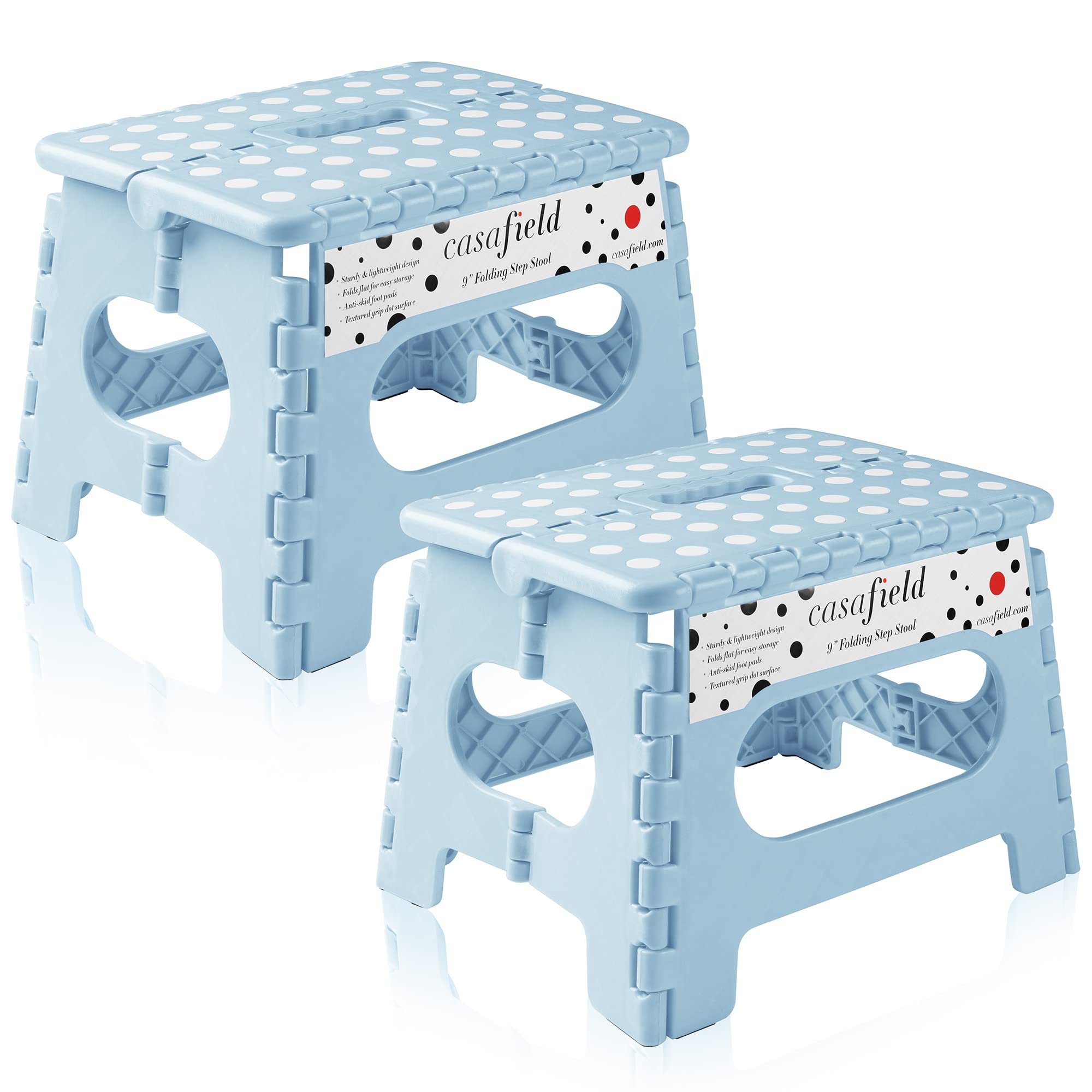 Casafield 9" Folding Step Stool with Handle (Set of 2), Light Blue - Portable Collapsible Small Plastic Foot Stool for Kids and Adults - Use in The Kitchen, Bathroom and Bedroom