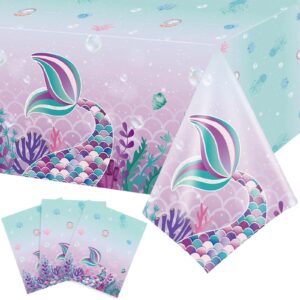 3 pieces mermaids tablecloth, sea theme party table covers disposable printed plastic waterproof washable table cloth supplies for kids girls birthday baby shower party decoration, 54 x 108 inch