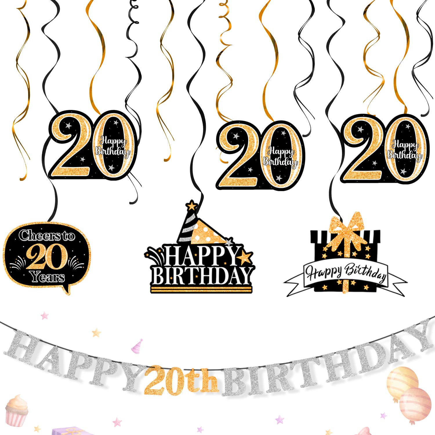 AERZETIX Happy 20th Birthday Decorations Set,12Pcs 20th Birthday Gold Glitter Swirls Streamers,Happy 20th Birthday Bunting Banner,Cheers to Twenty Years Old Bday Party Decorations.[Pre-Strung]