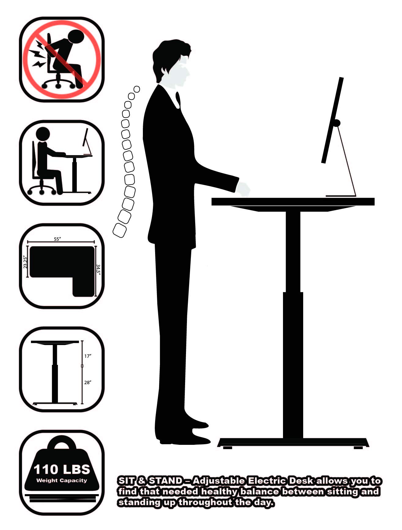 SHW 55-Inch L-Shaped Electric Height Adjustable L-Shaped Standing Desk with Right Facing Corner, White