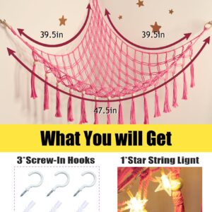 Stuffed Animal Storage Hammock Corner with LED Light - Toy Hanging Organizer Plushie Net - Pink Room Decor for Teen Girls - Cute Bedroom Aesthetic Nursery Kids Baby Toddler