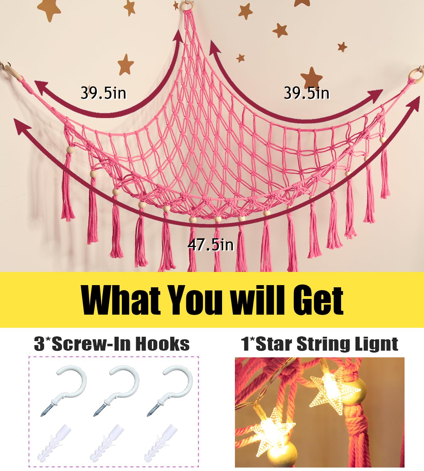 Stuffed Animal Storage Hammock Corner with LED Light - Toy Hanging Organizer Plushie Net - Pink Room Decor for Teen Girls - Cute Bedroom Aesthetic Nursery Kids Baby Toddler