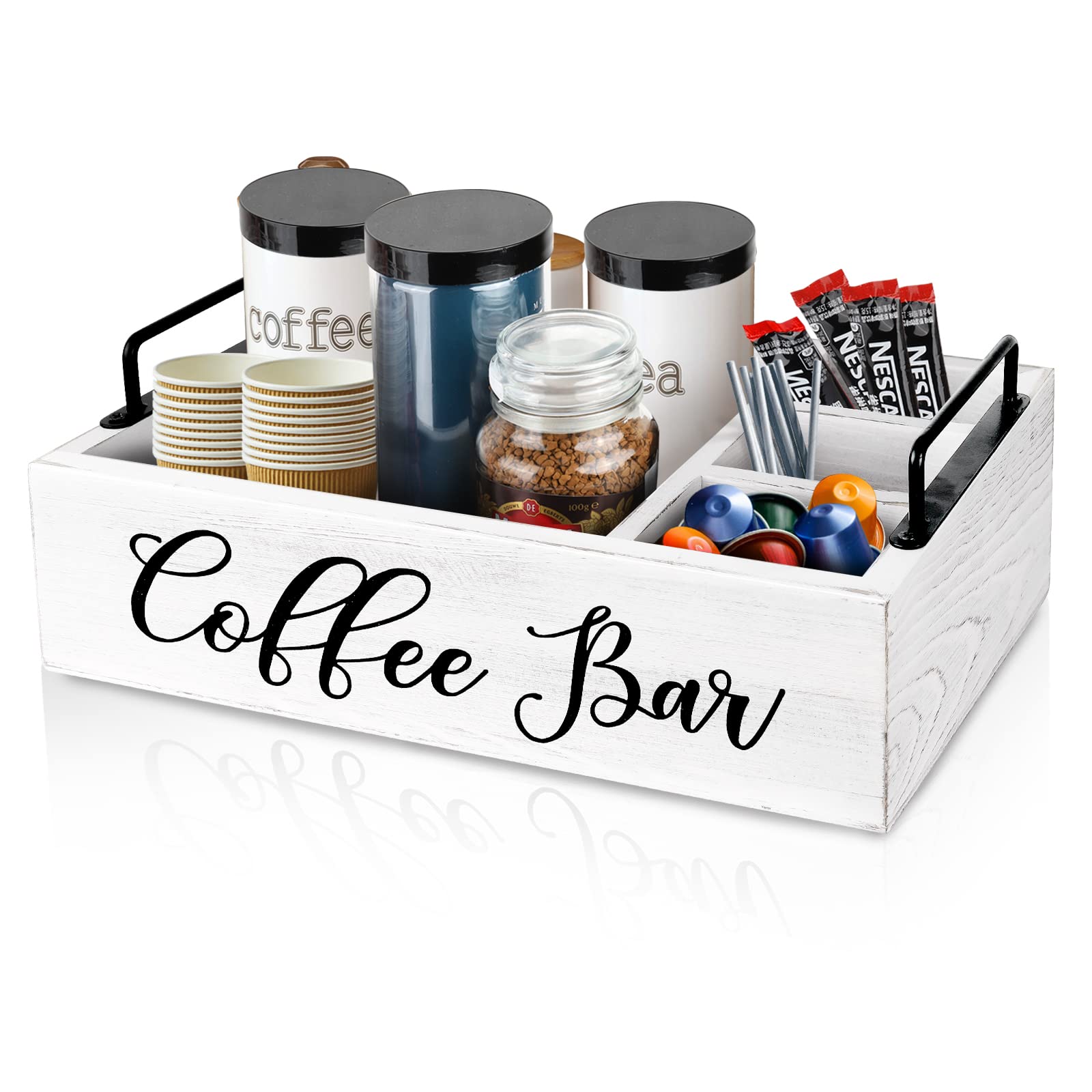 Coffee Station Organizer Wooden Coffee Bar Accessories Organizer for Countertop, Farmhouse Kcup Coffee Pod Holder Storage Basket Coffee Bar Organizer - White