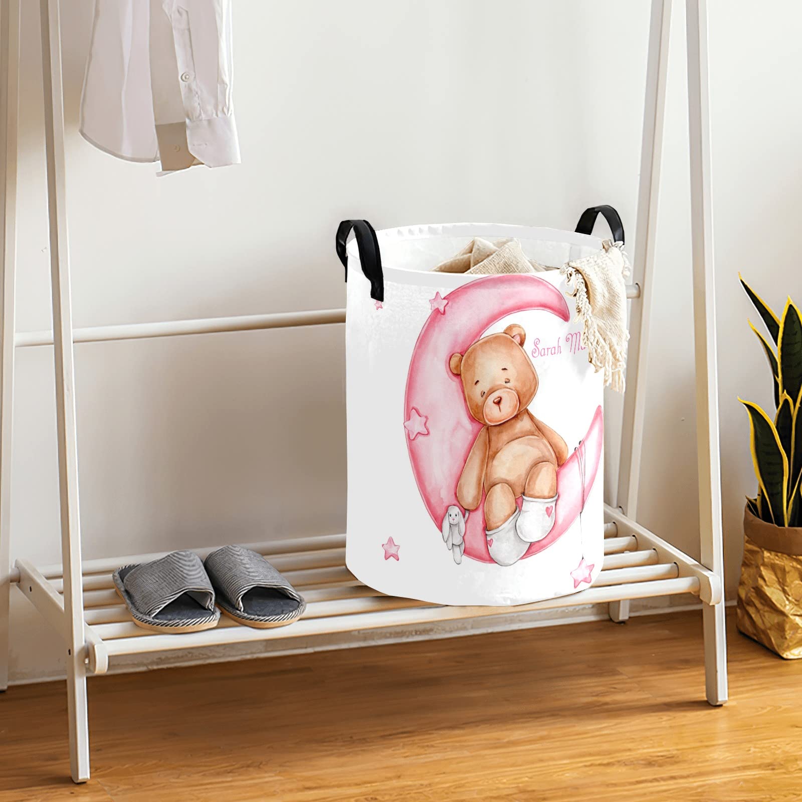 Teddy Bear Pink Moon Personalized Laundry Basket Clothes Hamper Storage Handle Waterproof, Custom Collapsible Large Capacity , for Bedroom Bathroom Toy Decoration