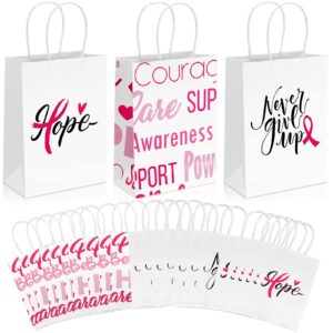 24 pack breast cancer awareness bags pink ribbon paper bag breast cancer gift bag with handle faith courage hope treat bags for breast cancer awareness charity theme party favor supplies