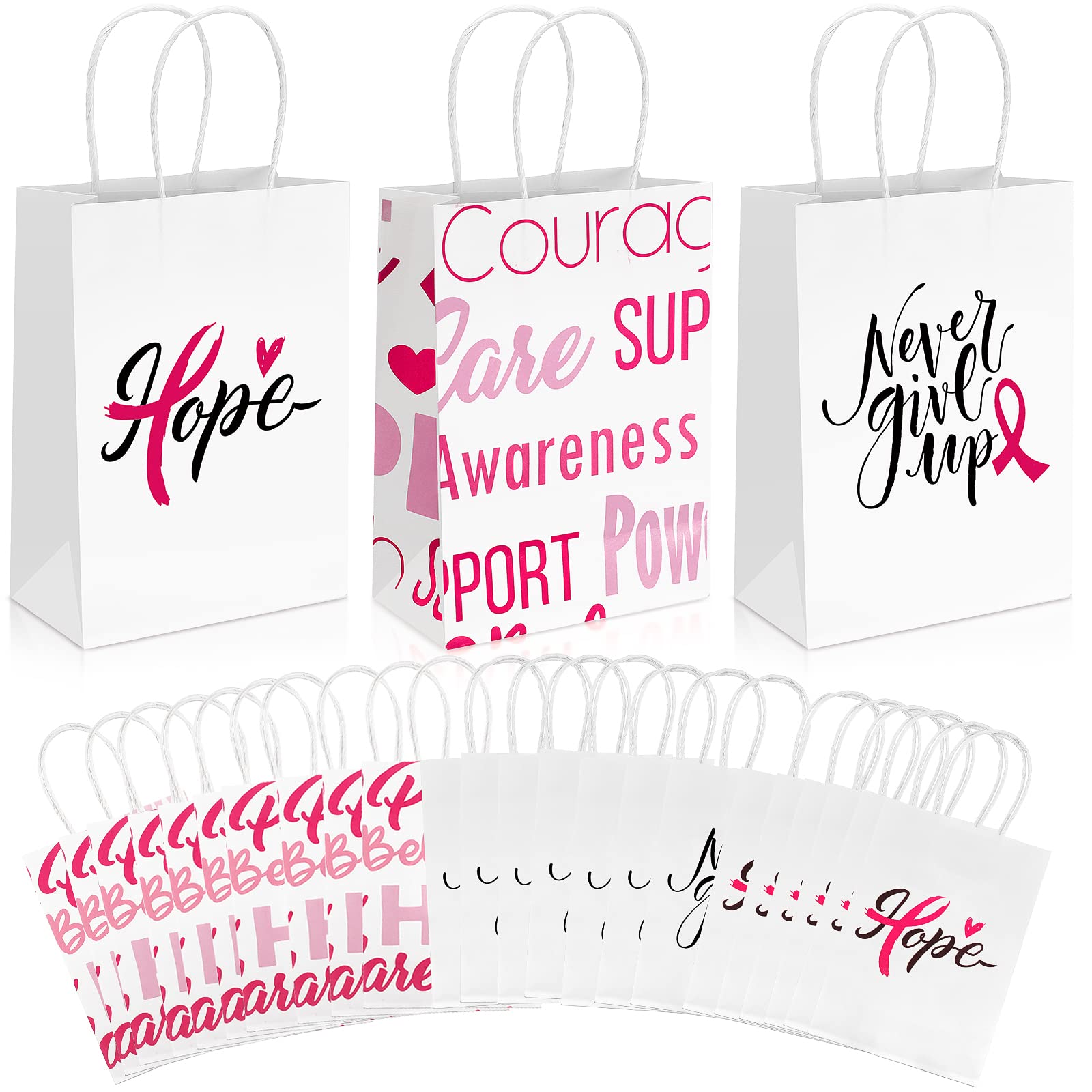 24 Pack Breast Cancer Awareness Bags Pink Ribbon Paper Bag Breast Cancer Gift Bag with Handle Faith Courage Hope Treat Bags for Breast Cancer Awareness Charity Theme Party Favor Supplies