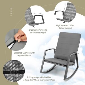 Tangkula 3 Pieces Patio Rocking Bistro Set, PE Rattan Rocking Chairs with Tempered Glass Side Table, Outdoor Wicker Conversation Set with Zippered Cushion for Patio, Garden, Poolside (Mix Gray)