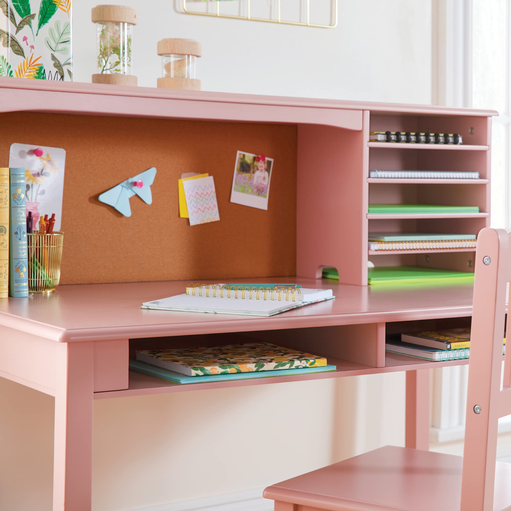 Guidecraft Kids Media Desk, Hutch and Chair Set - Pink: Student's Computer Desk with Storage Shelves and Corkboard, Kids Wooden Bedroom Furniture Set, Girls Study Desk