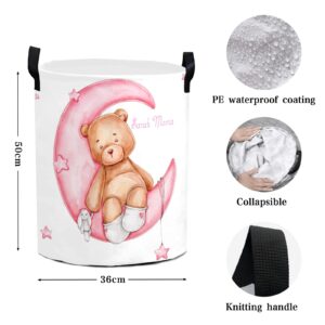 Teddy Bear Pink Moon Personalized Laundry Basket Clothes Hamper Storage Handle Waterproof, Custom Collapsible Large Capacity , for Bedroom Bathroom Toy Decoration