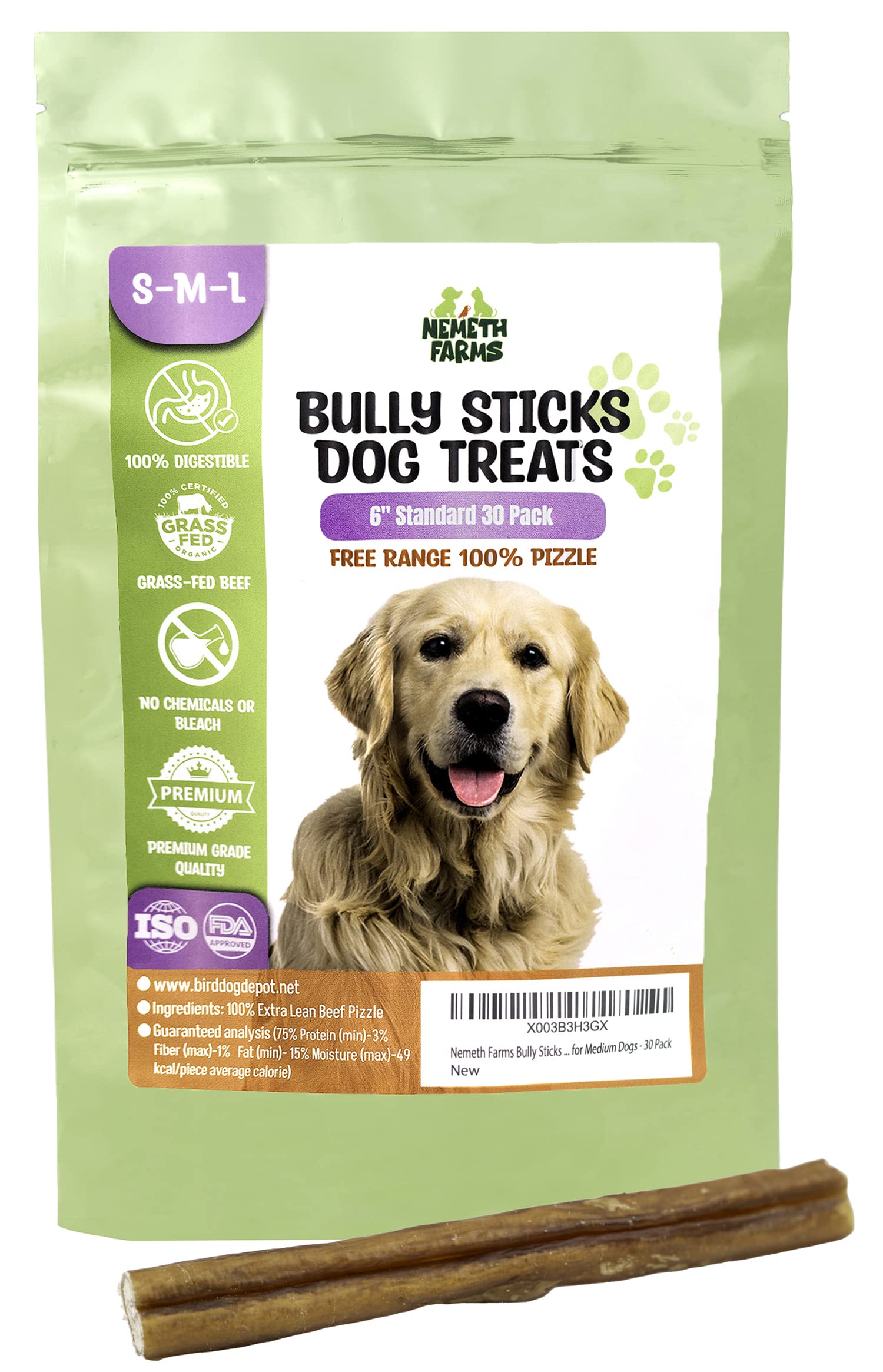 Nemeth Farms Premium European Beef Bully Sticks 6" - 100% Extra Lean Bully Bones Rawhide-Free & Odor-Free Dog Treats for Small, Medium and Large Dogs | Long Lasting Dental Dog Chews - Pack of 30