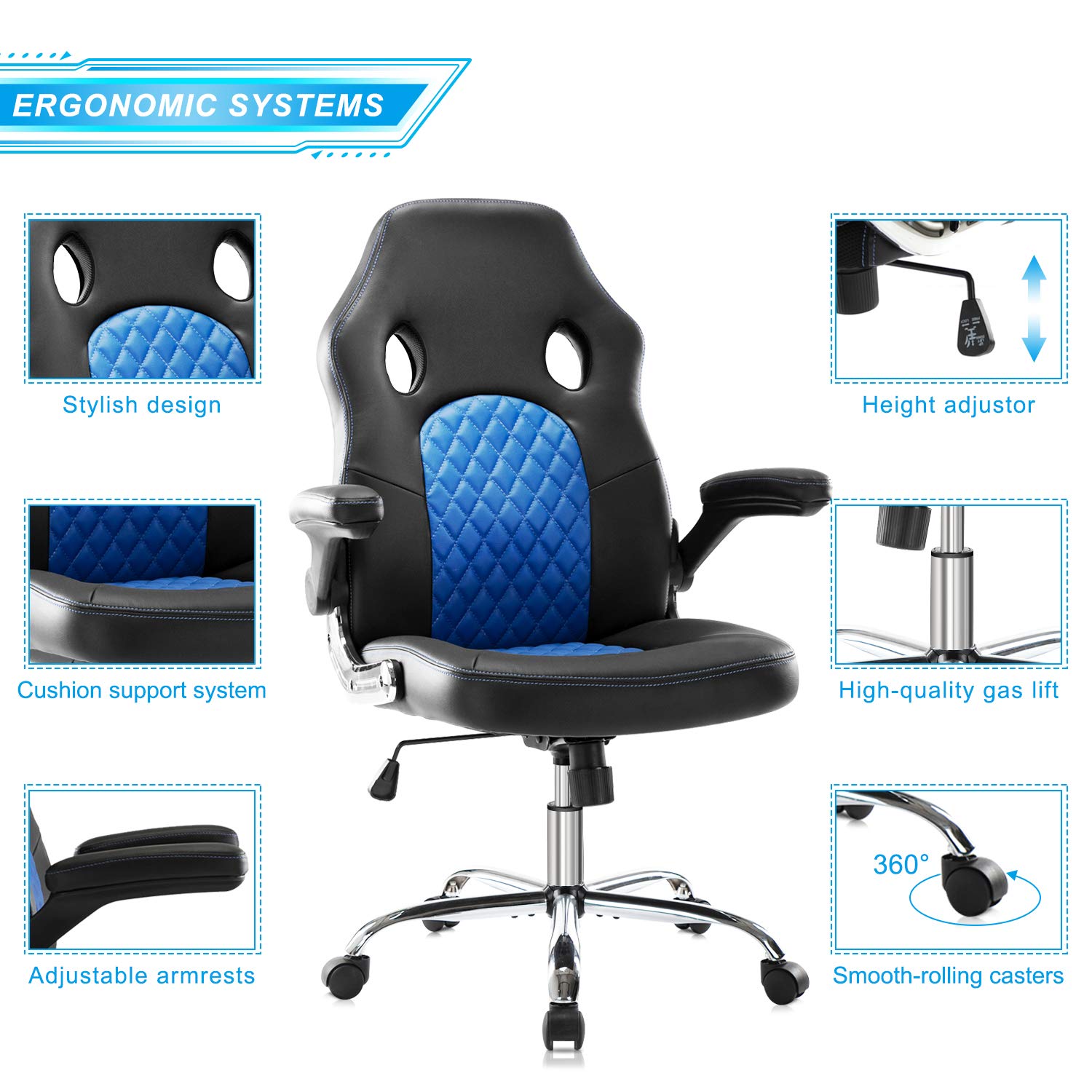 SMUG Gaming Chair Ergonomic Office Chair PU Leather Computer Chair High Back Desk Chair Adjustable Swivel Task Chair with Lumbar Support/Flip-up Armrests, Blue