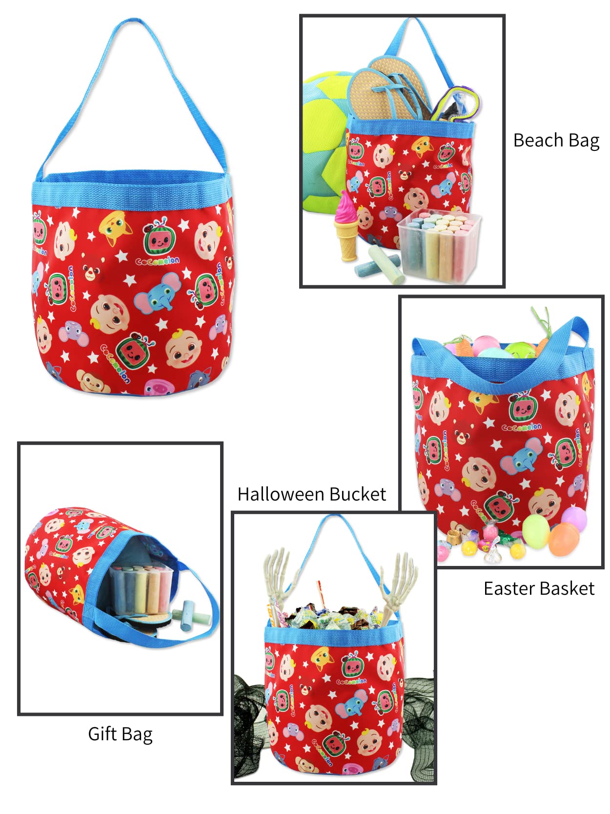 CoComelon Collapsible Nylon Basket Bucket Tote Bag (Red, One Size)