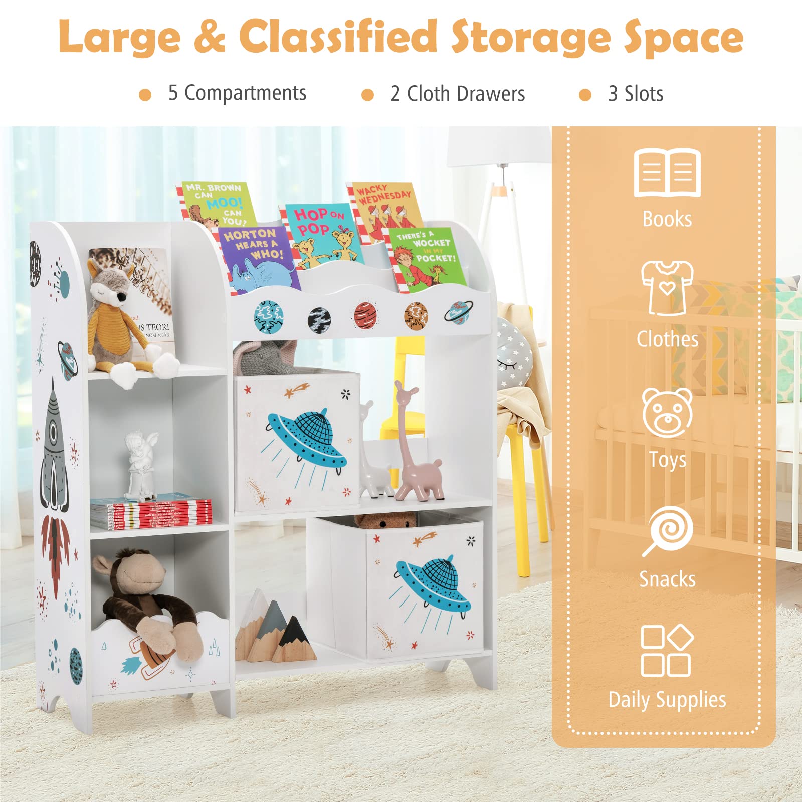 Costzon Toy and Book Organizer for Kids, Wooden Storage Display Cabinet Bookshelf w/5 Open Shelves, 2 Storage Boxes and 3 Slots, Kids Storage Unit for Playroom, Classroom, Living Room (UFO)