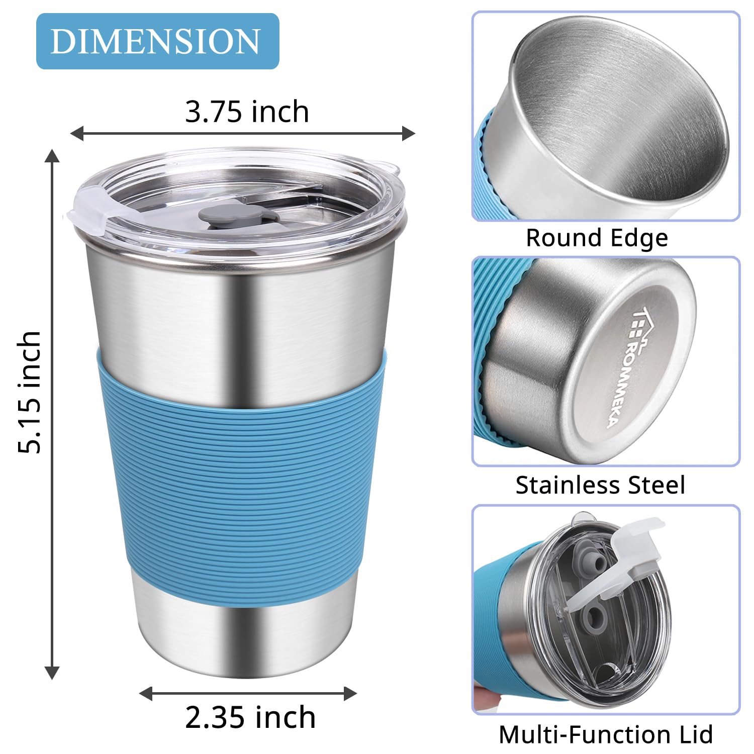 Rommeka Water Tumbler with Lids, 6 Pack Stainless Steel Spill Proof Reusable Stacking 16oz Drinking Cups with Lids for Kids and Adults