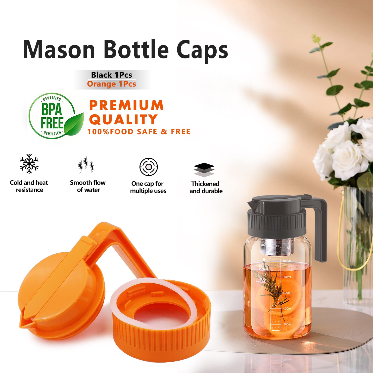 Wide Mouth Mason Jar Pour Spout Lids with Handle Plastic 2 Pack Drinking Lids Bulk Reusable, Mason Jar Pitcher, pancake maple syrup dispenser, salad dressing dispenser- Black&Orange (Jar Not Included