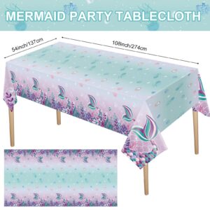 3 Pieces Mermaids Tablecloth, Sea Theme Party Table Covers Disposable Printed Plastic Waterproof Washable Table Cloth Supplies for Kids Girls Birthday Baby Shower Party Decoration, 54 x 108 Inch