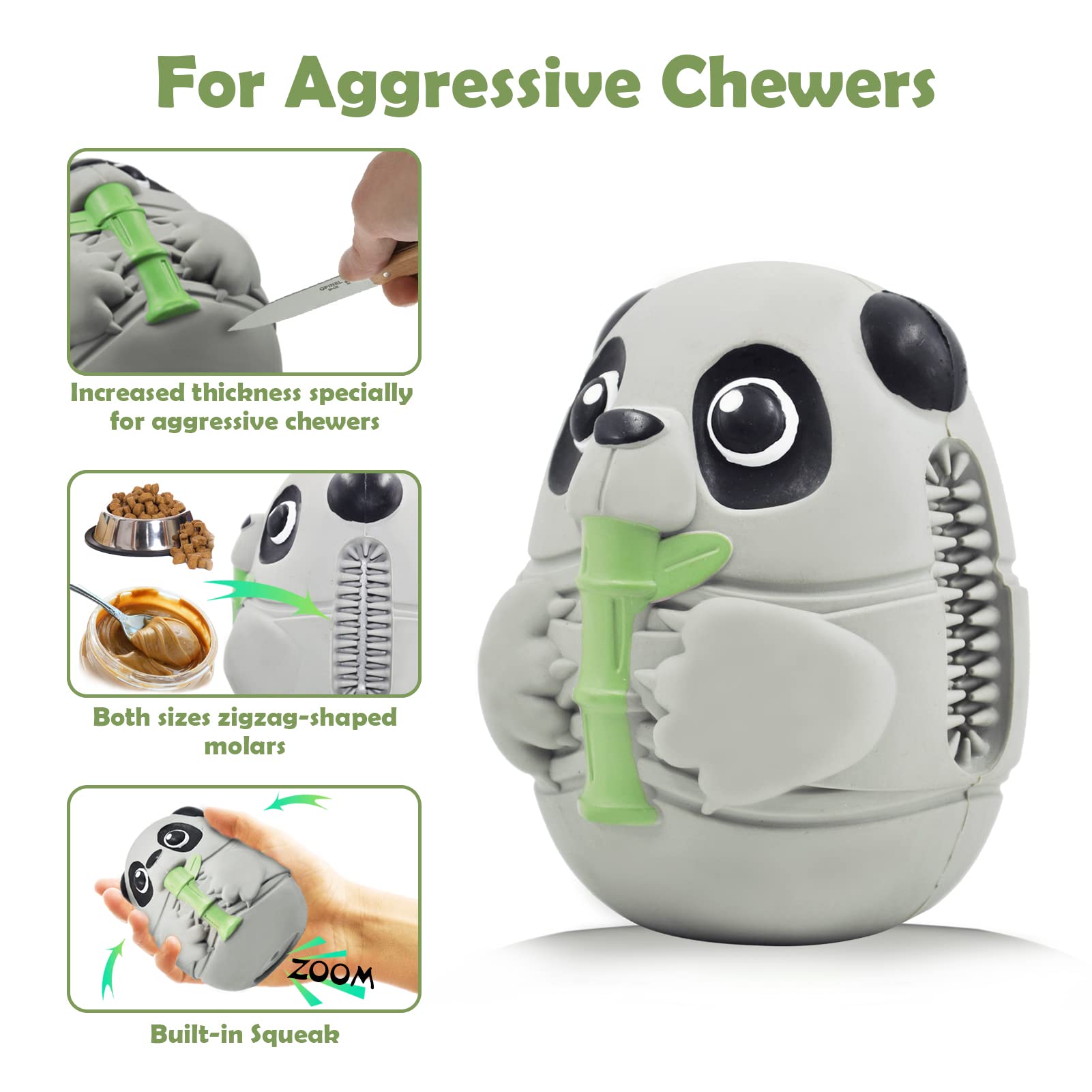 PINECONA Dog Toys for Aggressive Chewers, Tough Dog Chew Toys for Large Medium Dogs Nearly Indestructible Squeaky Panda with Side Bristles Teeth Cleaning Natural Rubber Milk Flavor