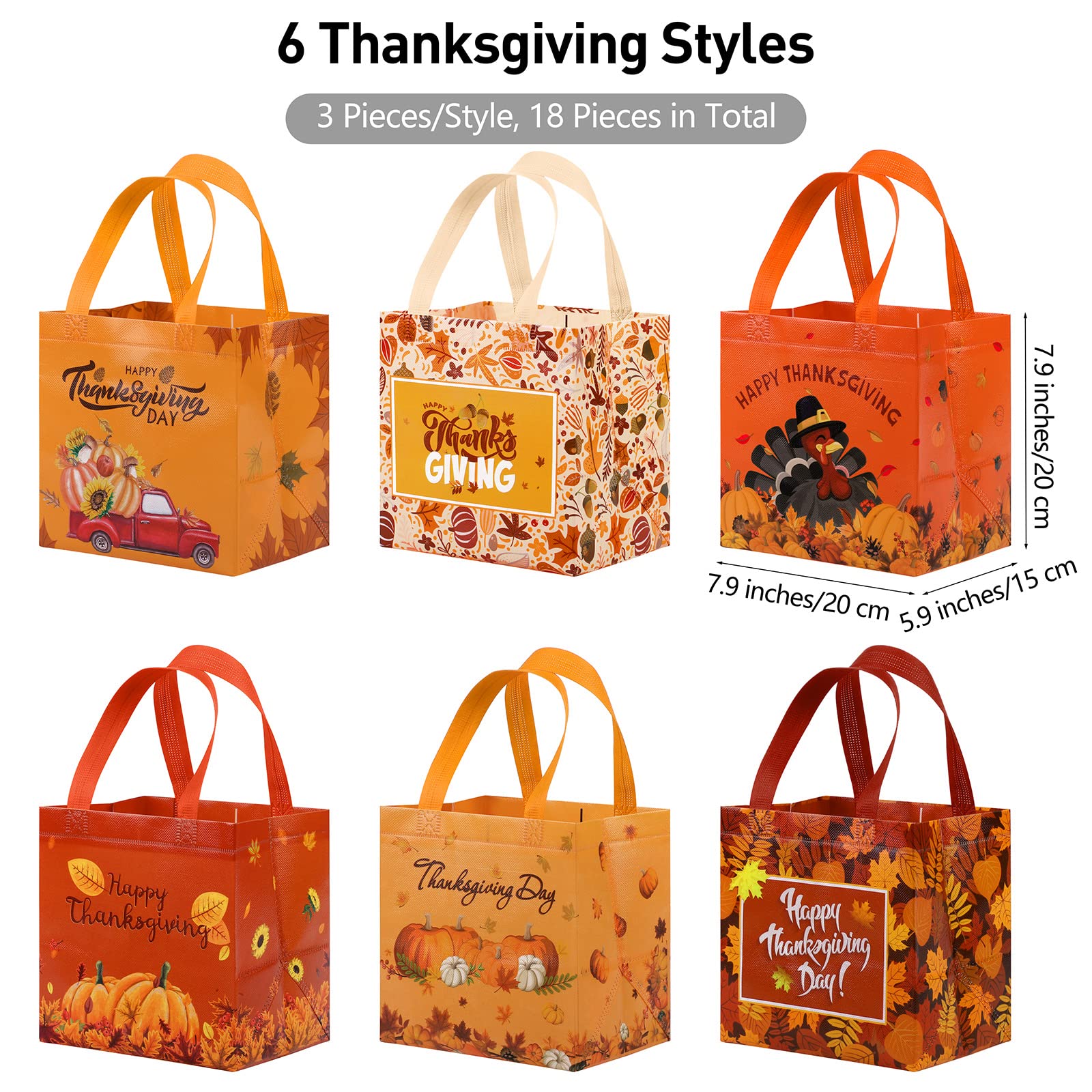 MIMIND 18 Pieces Thanksgiving Non-Woven Tote Bags Turkey Pumpkin Fall Party Gift Bags with Handles Thanksgiving Day Treat Bags Reusable Grocery Goodie Shopping Bags for Fall Thanksgiving Party Favors