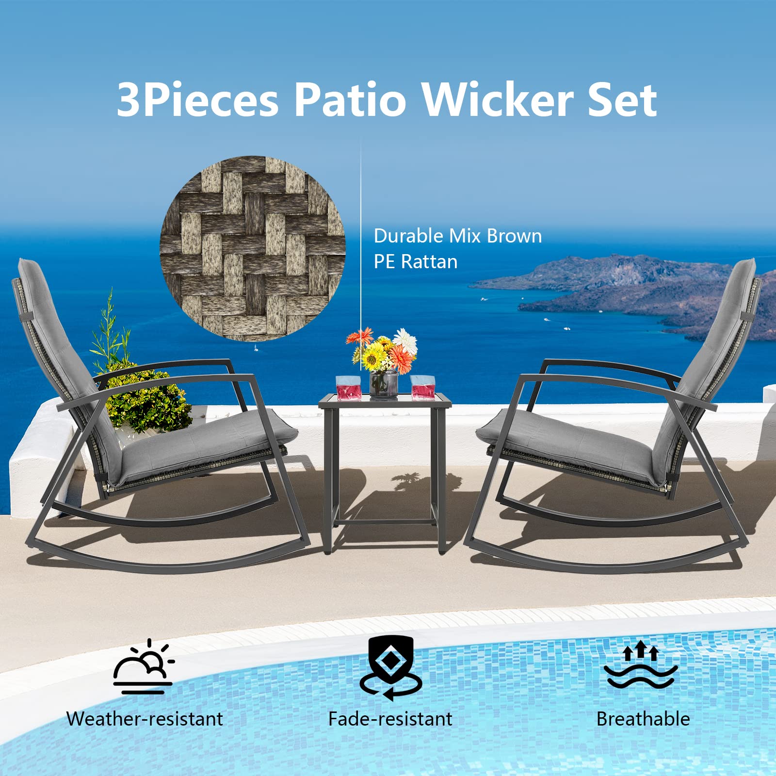 Tangkula 3 Pieces Patio Rocking Bistro Set, PE Rattan Rocking Chairs with Tempered Glass Side Table, Outdoor Wicker Conversation Set with Zippered Cushion for Patio, Garden, Poolside (Mix Gray)