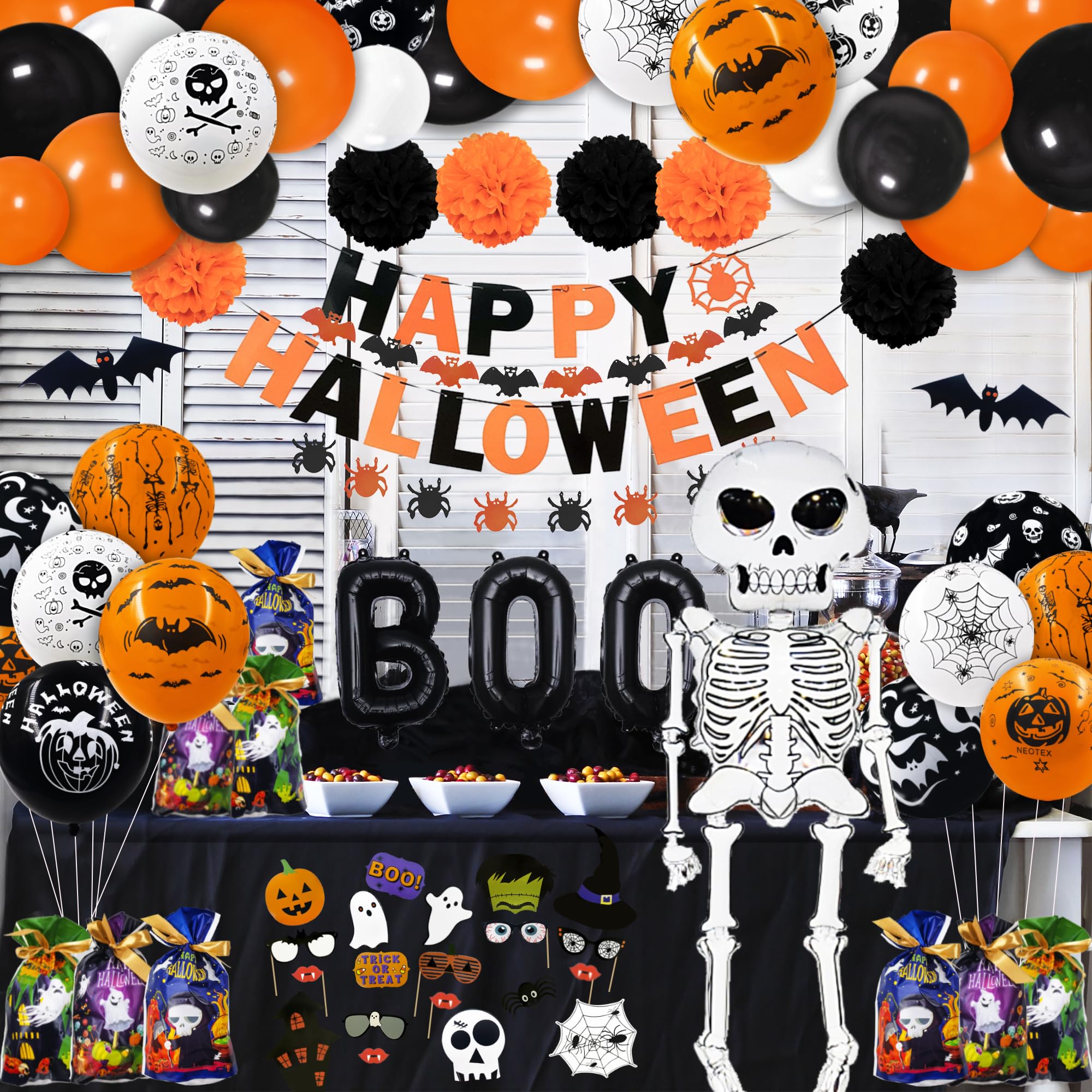 Party Spot! 120 Pcs Halloween Party Decorations, 5 Ft Jumbo Foil Balloon, Happy Halloween Banner, 60 pcs Balloons, Treat or Trick Goodie Bags, Spider Bat Banner,Foil Curtains, Halloween Party Supplies