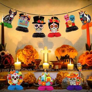 Day of The Dead Decorations 9 Pieces Dia De Los Muertos Honeycomb Table Toppers Cutouts Sugar Skull Flowers Centerpieces Day of the Dead Decor Mexican Party Supplies