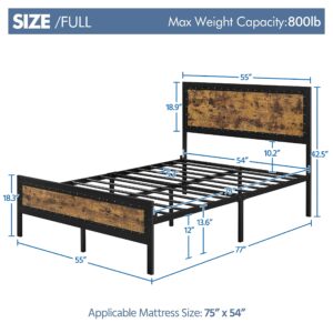 Yaheetech Full Bed Frame Metal Bed with Rivet Design Wooden Headboard&Footboard, Modern Rustic Style/No Box Spring Needed/Easy Assembly, Rustic Brown Full Bed