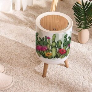 KCDCYCZEAL Botanical Trash Can with Lid Tropical Succulent Green Succulents Cactus Plants Flowers White Round Recycle Bin Press Top Dog Proof Wastebasket for Bedroom Nursery Kids Room 7L/1.8 Gallon