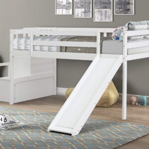 HomSof Twin Loft Bed with Slide Staircase Storage,Full-Length Safety Guardrails for Junior Boys Girls,No Box Spring Needed,White