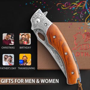 LOTHAR Damascus Pocket Knife for Men, 8.03" VG10 Folding Knife with Retro Leather Sheath,Sandalwood Handle, Classical Bolster, Lanyard Hole, EDC Knife Anniversaries, Christmas, elegant gifts for Men (Yellow)