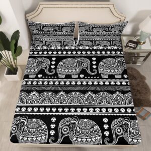 elephant fitted sheet full,exotic bohemian black and white bed sheets paisley floral bedding sets for kids child,ethnic tribal wildlife bedding decor set tribe western animals boho room decor