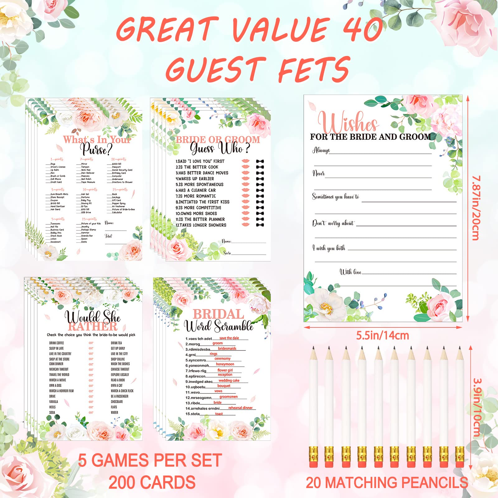 220 Pcs Floral Bridal Shower Game Set for 40 Guests Wedding Games Cards and Pencils Floral Bridal Game Supplies 5 Activity Accessories Gifts for Bride Groom Bachelorette Party Wedding Party Favors